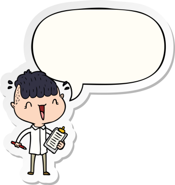 Bir insan tarafından çizilmiş konuşma balonu çıkartmasıyla şaşıran mutlu çocuk çizgi filmi.