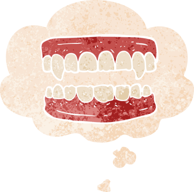 Düşünce baloncuklu çizgi film vampirlerinin dişleri bir insan tarafından çizilmiş dertli retro tarzı.