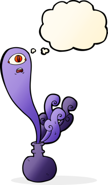 Şişede cadılar bayramı hayaleti ve bir insan tarafından çizilmiş düşünce balonu.