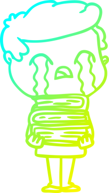 Bir insan tarafından çizilmiş kitap yığınının üzerinde ağlayan bir çizgi film karakteri çizimi.