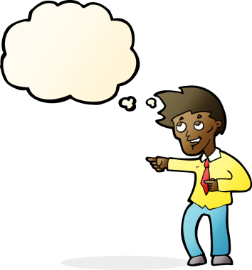 Bir insan tarafından çizilmiş düşünce baloncuğuyla işaret eden komik ofis adamı.