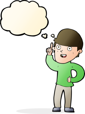 Bir insan tarafından çizilmiş düşünce baloncuğu fikri olan çizgi film çocuğu.