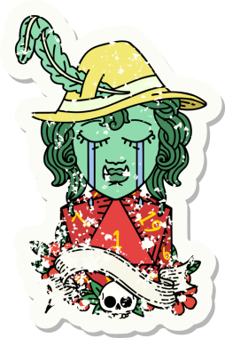 Ağlayan bir ork ozan karakterinin grunge çıkartması ve bir insan tarafından çizilmiş doğal bir D20 rulosu.