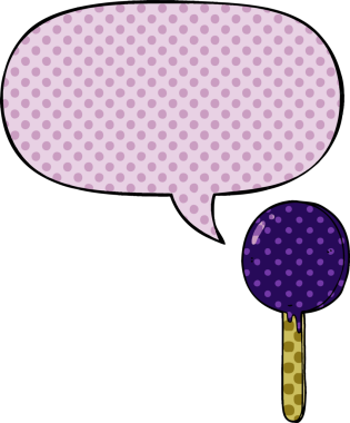 Bir insan tarafından çizilmiş çizgi roman tarzında konuşma balonu olan çizgi film lolipopu.