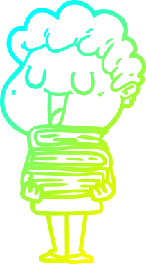 Bir insanın çizdiği kitaplarla gülen bir çizgi film karakterinin soğuk gradyan çizimi.