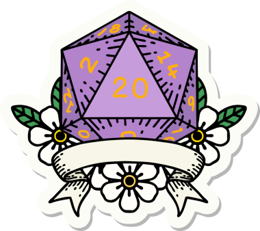 Bir insan tarafından çizilmiş 20 kritik vuruşluk D20 zar etiketi.