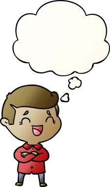 Düşünce baloncuğu olan gülen adam bir insan tarafından çizilmiş yumuşak bir çizgi film stili.