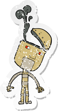 Bir insan tarafından çizilmiş açık kafalı, çizgi film robotunun gerilimli çıkartması.