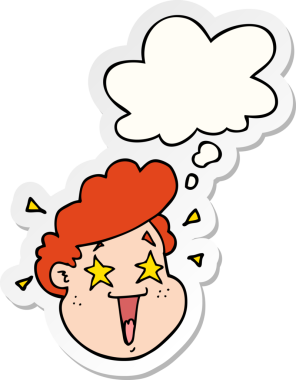 Düşünce baloncuklu çizgi film mutlu yüzü bir insan tarafından çizilmiş çıkartma gibi