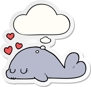 Bir insan tarafından çizilmiş çıkartma olarak düşünce baloncuğu olan sevimli çizgi film yunusu.