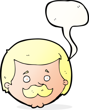 Bir insan tarafından çizilmiş konuşma balonlu bıyıklı bir çizgi film adamı.