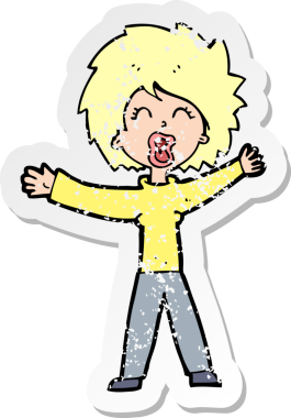 Bir insan tarafından çizilmiş bağıran bir karikatür kadının gerilimli retro çıkartması.