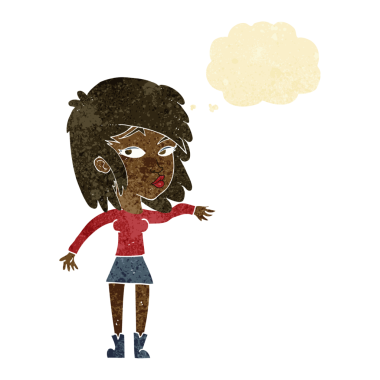 Bir insan tarafından çizilen düşünce baloncuğuyla serinkanlı davranan çizgi film kadını.