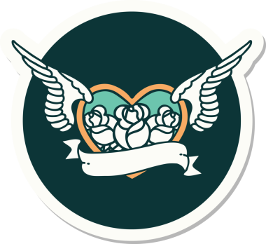 Geleneksel bir dövme stili. Uçan kalp. Çiçekler ve bir insan tarafından çizilmiş bayrak.