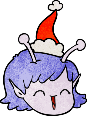 Bir insan tarafından çizilmiş Noel Baba şapkası giyen uzaylı bir kızın el çizimi karikatürü.