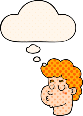 Çizgi roman tarzında bir insan tarafından çizilmiş düşünce baloncuklu erkek yüzü.