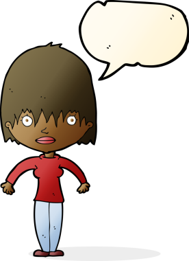 Bir insan tarafından çizilmiş bir konuşma balonuyla bakan çizgi film kadını.