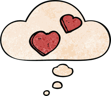 insan tarafindan çizilmis grunge dokuma tarzinda dusunce baloncugu olan karikatür ask kalpleri.