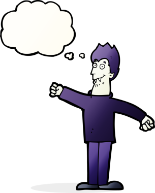 Bir insan tarafından çizilmiş düşünce balonlu mutlu vampir çizgi filmi.