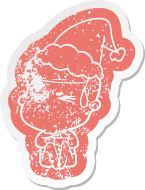 Garip bir çizgi film. Bir insan tarafından çizilmiş Noel Baba şapkası giymiş terleyen bir adamın çıkartması.