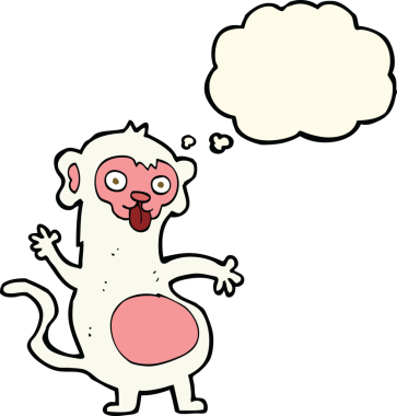 Bir insan tarafından çizilmiş düşünce baloncuklu komik çizgi maymun.