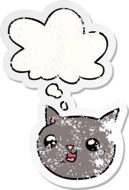 Düşünce baloncuğu olan çizgi film kedisi insan tarafından çizilmiş yıpranmış bir çıkartma.