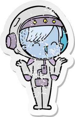 Bir insan tarafından çizilmiş omuz silken mutlu bir uzay kızının sıkıntılı çıkartması.