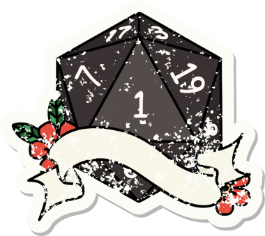 Bir insan tarafından çizilmiş doğal bir d20 zarının grunge çıkartması.