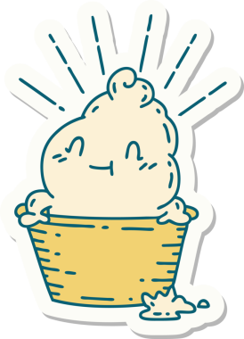 Bir insan tarafından çizilmiş dövme stili dondurma karakterinin çıkartması.