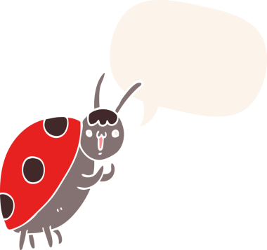 Bir insan tarafından retro tarzında çizilmiş konuşma balonu olan sevimli bir uğur böceği.