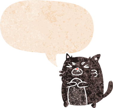 bir insan tarafından çizilmiş grunge sıkıntılı retro desenli konuşma baloncuklu kızgın kedi çizgi film