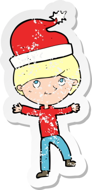 Bir insan tarafından çizilmiş Noel 'e hazır karikatürcü bir adamın gerilimli çıkartması.