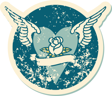 Bir insan tarafından çizilmiş çiçek ve pankartıyla uçan bir kalbin sembolik dövmeli resmi.