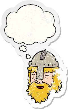 Düşünce baloncuklu çizgi film viking yüzü bir insan tarafından çizilmiş yıpranmış bir çıkartma gibi