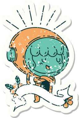 Bir insan tarafından çizilmiş astronot kıyafetli dövme stili bir kadının eski çıkartması.