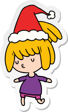 Bir insan tarafından çizilmiş Kawai kızının el çizimi Noel çıkartması.