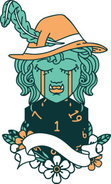 Retro Dövme Tarzı Ağlayan Ork Ozan Karakteri Bir insan tarafından çizilmiş doğal bir D20 rulo