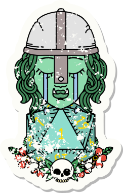 Ağlayan bir ork savaşçı karakterinin grunge çıkartması. Bir insan tarafından çizilmiş doğal bir D20 rulosu var.