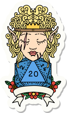 Bir insan tarafından çizilmiş 20 zarlı elf barbar karakterinin çıkartması.