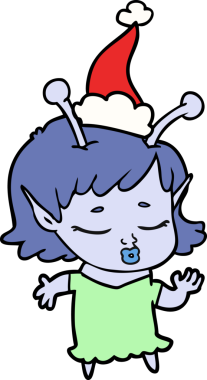 Sevimli uzaylı kız bir insanın çizdiği Noel Baba şapkasını çizdi.