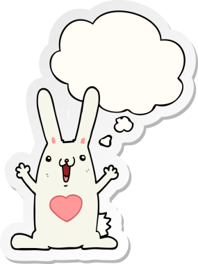 Düşünce baloncuğuna aşık çizgi film tavşanı insan tarafından çizilmiş bir çıkartma gibi