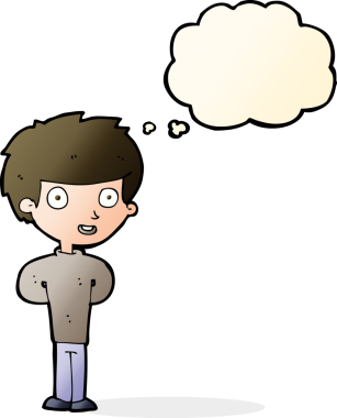 Bir insan tarafından çizilmiş düşünce balonu olan mutlu çocuk çizgi filmi.