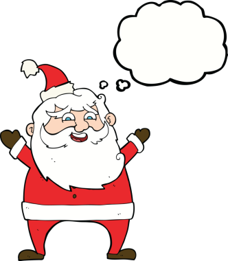 Düşünce baloncuğu çizilmiş neşeli Noel Baba çizgi filmi