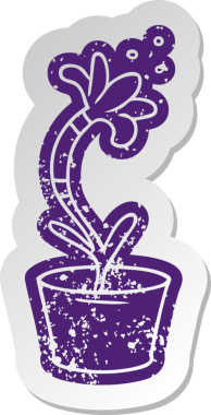 Bir insan tarafından çizilmiş bir ev bitkisinin sıkıntılı eski çizgi film çıkartması.