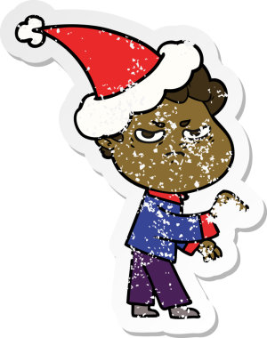 Bir insan tarafından çizilmiş Noel Baba şapkası giymiş kızgın bir adamın el yazısı.