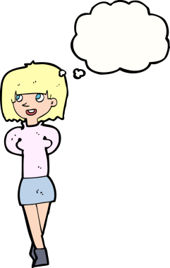 Bir insan tarafından çizilmiş düşünce balonlu mutlu kadın çizgi filmi.