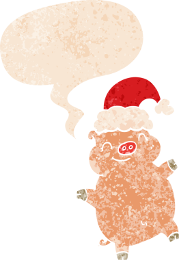 Çizgi film mutlu noel domuzu grunge 'da konuşma baloncuğu olan sıkıntılı eski moda bir insan tarafından çizilmiş.