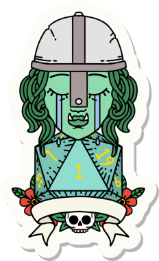 Ağlayan bir Ork savaşçı karakterinin çıkartması. Bir insan tarafından çizilmiş doğal bir D20 rulosu var.