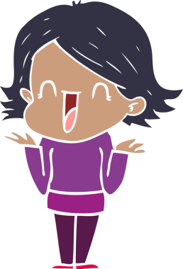 Bir insan tarafından çizilmiş düz renkli mutlu kadın çizgi filmi.