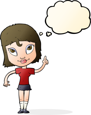 Bir insan tarafından çizilmiş düşünce baloncuğu fikri olan karikatür kadın.